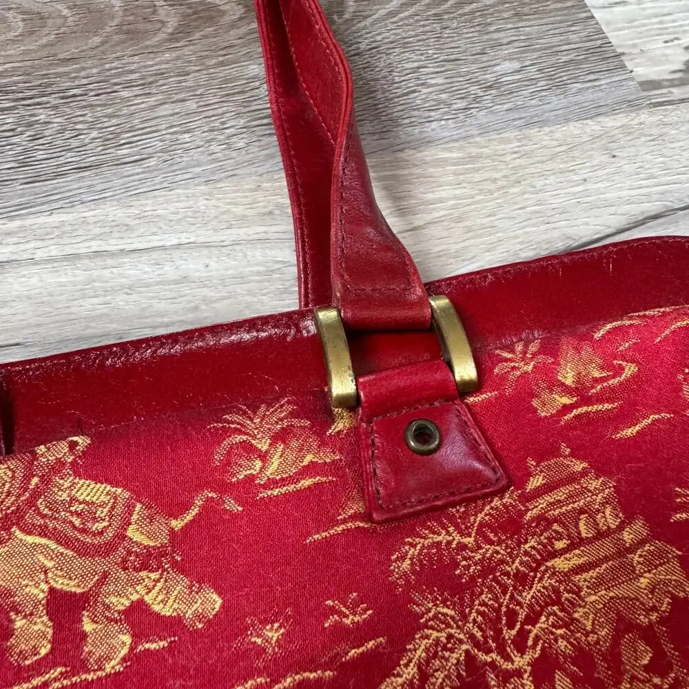 Vintage Paint the Lily Red Leather Tapestry Shoulder Bag Toile